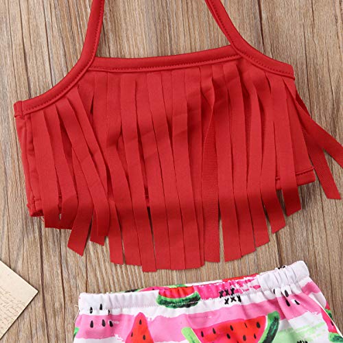 Toddler Kids Baby Girl Swimwear Cute Dinosaur Print Tassel Top Bikini Set Summer Swimsuit Beachwear with Headband (Watermelon-Red, 12-18 Months) - Thumbnail 5