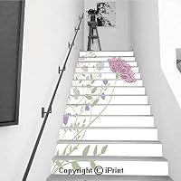 baihemiya stickers 13Pcs Stair Sticker Decals 3D Creative Building Stair Risers Tiles Wallpaper Mural Self-Adhesive,Flower Background Concept of Lines style1