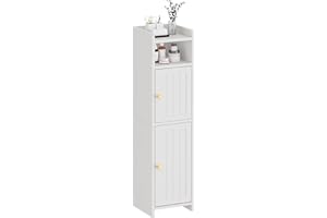 BEWISHOME Small Bathroom Cabinet ，Bathroom Storage Cabinet with Adjustable Shelves & 2 Doors，Narrow Toilet Paper Cabinets,7.9 x 7.9 x 31.5 Inches, for Small Spaces, White YYG03W