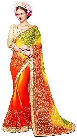 Kfashiondot Georgette Bandhini Saree (Multicolor Saree with Golden unstiched blouse piece)