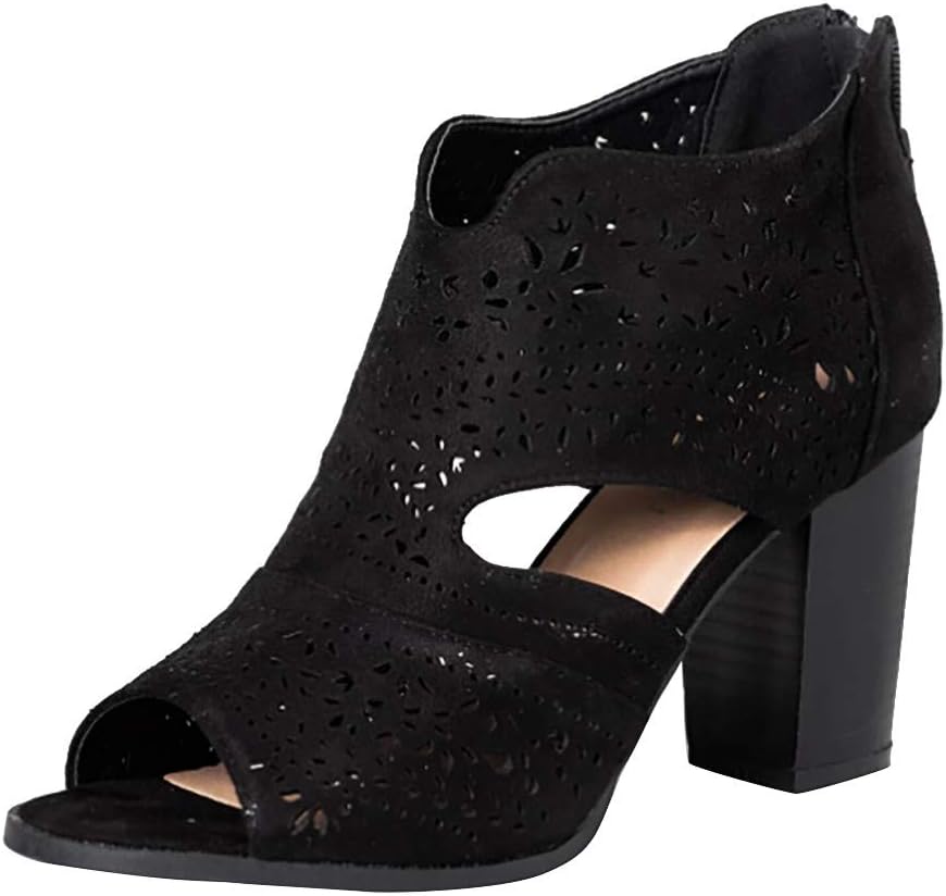 Women Peep Toe Laser Cutout Ankle Booties Stacked Chunky Heel Back Zip Open Toe Heeled Sandals Shoes by Lowprofile