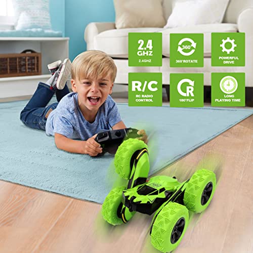 Remote Control Car, AEROQUEST RC Cars Stunt Car Toy, 4WD 2.4Ghz Double Sided 360° Rotating RC Car with Headlights, Kids Xmas Gift Toy Cars for Boys/Girls Ages 6+ (Green)