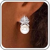 Aneneiceera Vintage Wedding Crystal Pearl Earrings Silver Rhinestone Chandeliers Earring Bridal Cz Crystal Stud Earrings White Pearl Earrings Jewelry for Women