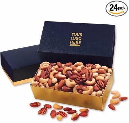 Deluxe Mixed Nuts in Navy Gift Box 24 PACK w/ YOUR LOGO or ARTWORK