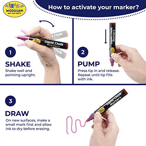 Woodsam 12 Ct Liquid Chalk Markers with 8 Neon, Bold and 4 Metallic Colors - Free 24 Chalkboard Labels - 6mm Chisel and Bullet Reversible Tips - Dry Erasable Marker - Chalk Pen for Chalkboard, Glass