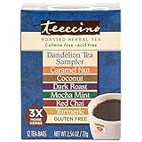 Teeccino Dandelion Roasted Herbal Tea Sampler Pack (Caramel Nut, Coconut, Dark Roast, Mocha Mint, Red Chai, Turmeric)