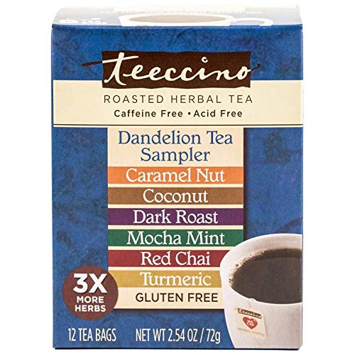 Teeccino Dandelion Roasted Herbal Tea Sampler Pack (Caramel Nut, Coconut, Dark Roast, Mocha Mint, Red Chai, Turmeric)