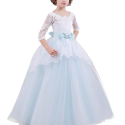 FYMNSI Blumenmädchen Kleid Kinder Spitze Applique Tutu Tüll Prinzessin Langes Abendkleid Brautjungfern Hochzeitskleid Mädchen
