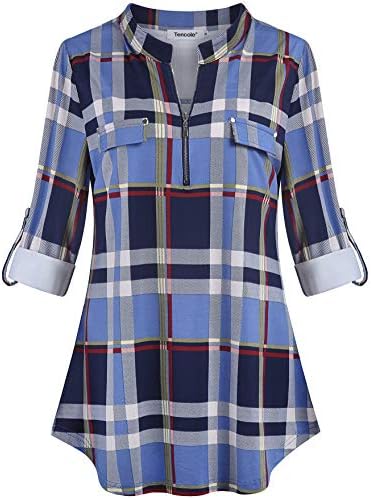 Tencole Women Rolled Sleeve Plaid Tunic Shirt Casual V Neck Zipper Front Blouse