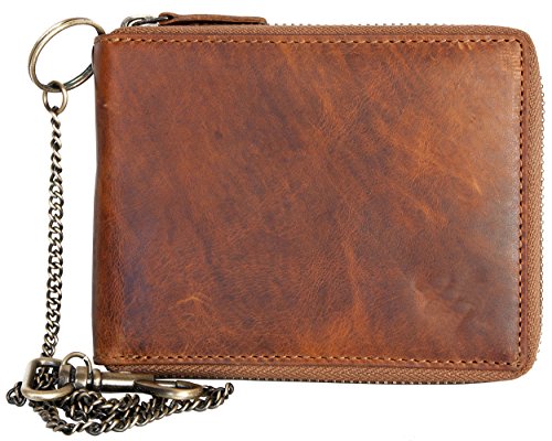 Glazed Genuine Leather Wallet with Metal Zipper Around and Chain