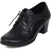 Women's Closed Toe Chunky Block Heel Oxfords Wingtip Lace Up Mid Heel Pumps Vintage Brogue Dress Shoes
