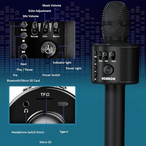 BONAOK Wireless Bluetooth Karaoke Microphone,3-in-1 Portable Handheld Karaoke Mic Speaker Machine Home Party Birthday for All Smartphones Q37 (Black)