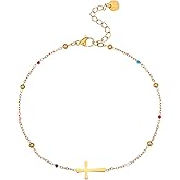 JotCa 18K Gold Plated Boho Beaded Anklets for Women Dainty Gold Layered Round Ball Ankle Bracelet Pearl Cross Anklet Bracelet Waterproof Gold Jewelry