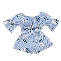 LXXIASHI Toddler Kids Baby Girl Sunflower Print Summer Outfits Off Shoulder Casual Half Sleeve Short Jumpsuit Overall Romper (Jasmine-Blue, 3-4 Years)