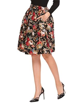 Donkap Women's Elastic Waist Pocket A Line Pleated Vintage Floral Print Swing Skirts