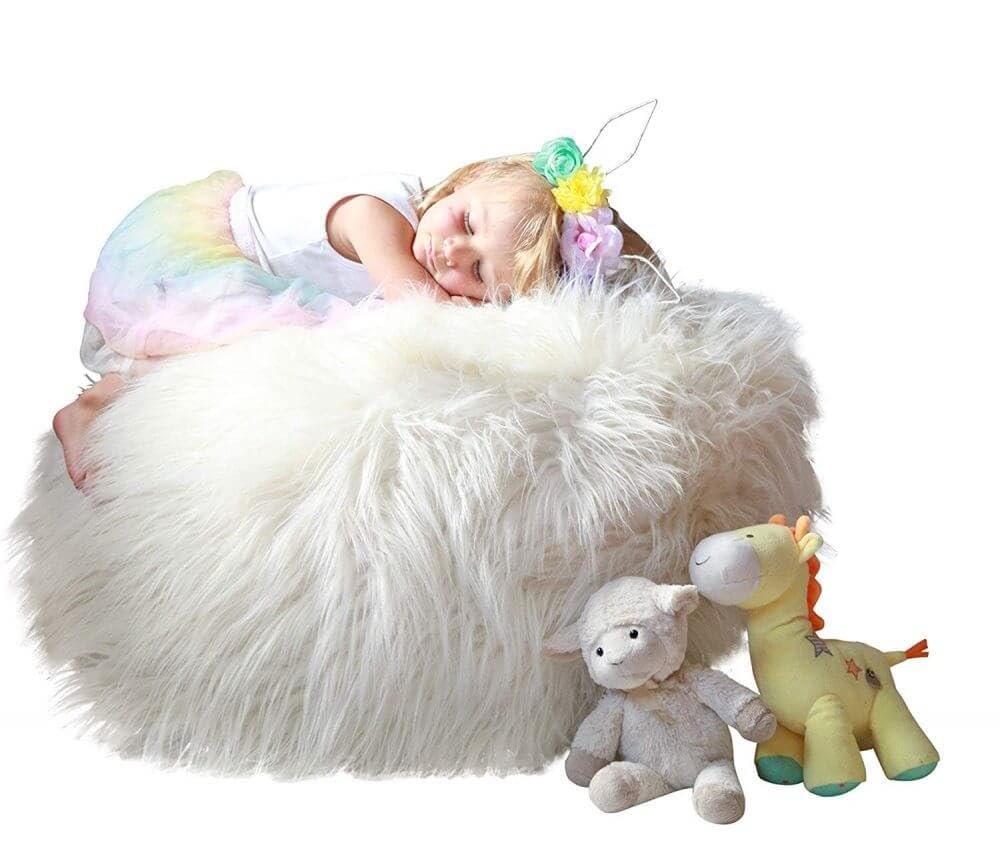 MiniOwls Plush Toy Storage Solution (Cover, unfilled) - White Furry Bean Bag - Soft Teddy Faux Fur Organizer with a Zipper. Jumbo Size Pouf 24x24x15 Contemporary Accent Ottoman (White, X-Large)