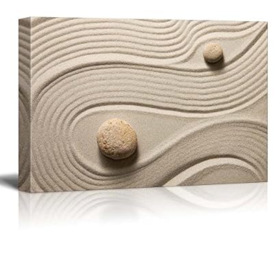 Two Stones in a Japanese Rock Garden from Above with a raked snaking Design - Canvas Art Home Art - 24x36 inches