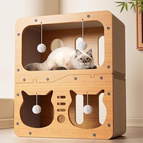 Orchid M® 3 Floor Cat Scratcher Cardboard House,Indoor Cardboard Lounge Bed- Large Cat Scratcher Bed with 4 Hanging Toys,Easy Assemble Durable Board Entertain Prevent Furniture Damage