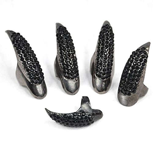 5PCS Clear Crystal Eagle Claw Paw Talon Finger Ring Fashion Jewelry Punk False Nail Knuckle Bend Finger Tip (Black) - Thumbnail 2