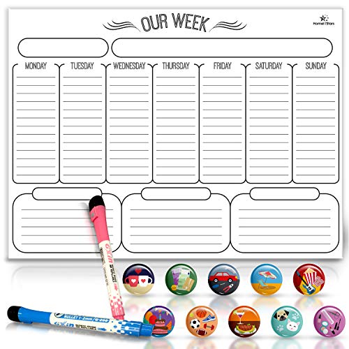 HomeN'Stars Weekly Whiteboard Calendar Magnetic Dry Erase Weekly Planner Message Board for Fridge Bonus 10 Magnetic Icons and 2 Markers 16"X12" White