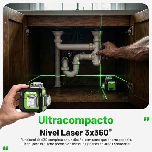 Huepar Green 3D Laser Level 3 x 360° Self-Leveling, Accuracy ±3 mm, 40 m (70 m with Receiver), Compact Laser Level with 152 cm Tripod, Ideal for Work in Narrow Spaces, Countertops, USB-C