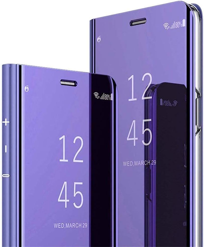 Surakey Compatible with Samsung Galaxy A50 Case Mirror Flip Case Clear View Stand Flip Cover Wallet Leather Case Retro Phone Protector Shockproof Kickstand Full Body Protective,Purple