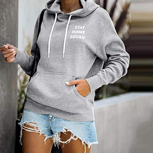 Hebe Top Women's Stay Home Squad Graphic Prints Sweatshirt Teens Cute Casual Hoodie Tops Gray