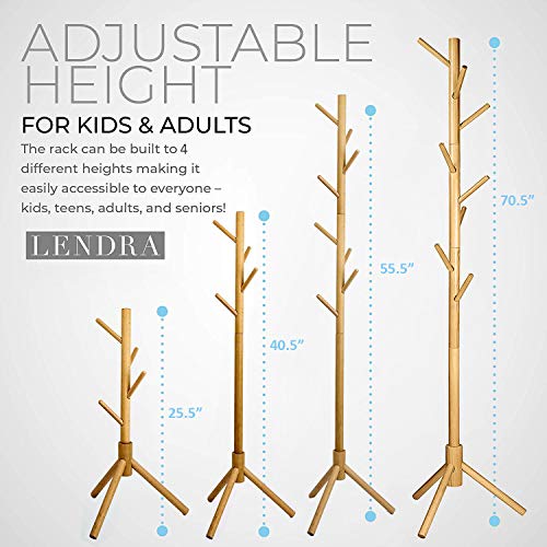 Deluxe Wooden Coat Rack Tree 8 Hook Adjustable Height Hat, Jacket and Sweater Hanging Stand