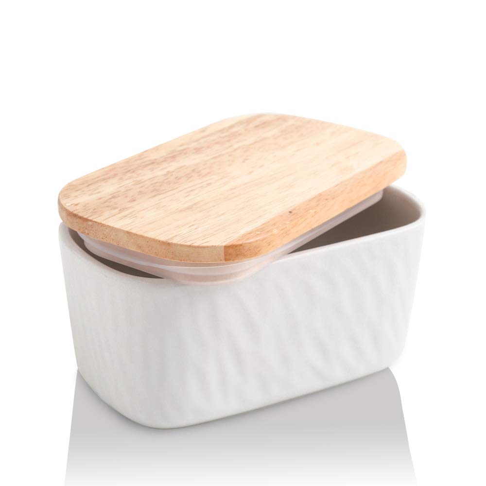 Photo 1 of KOOV Porcelain Large Butter Dish with Lid for Countertop, Airtight Butter Container with Oak Lid, Butter Crock, Perfect for 2 Sticks of Butter, Texture Series (White)