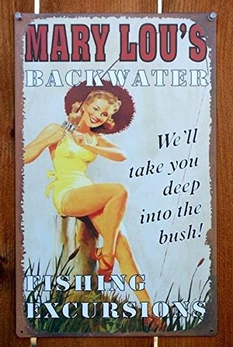 Lesley Coleridge Tin Sign Metal Sign Mary Lou's Backwater Fishing Excursions Fish Fishing Pole Wall Sign Wall Poster Home Decoration 20 * 30cm