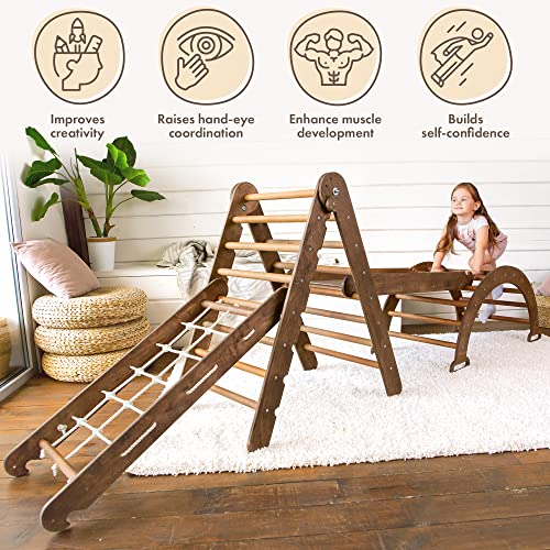 GOODEVAS Montessori Climbing Set 4 in 1 for Kids Wooden Pikler Triangle Arch Board & Slide