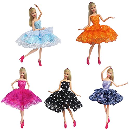 Emorefun Joe 5 Kind Styles Knee-length Wedding Pricess Elegant Lace Dress Set for Barbie/Pullip Doll/Jenny Doll Girls' Birthday Gift