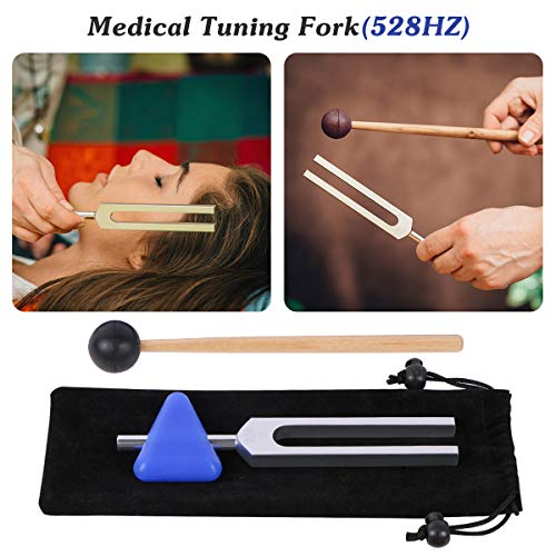 Tuning Forks Set 5 Pcs - 528 Hz Crystal Tuning Fork with Blue Triangular Silica Gel, Reflex Silicone Hammer Striker, Micro-Fiber Cleaning Cloth, Drawstring Pouch, 528 MI for DNA Repair Healing
