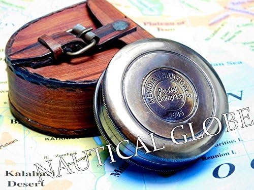 MERIDIAN NAUTICALS Brass Compass 2" Navigation Antique Vintage Style Directional Pocket Compass with Pure Leather Case