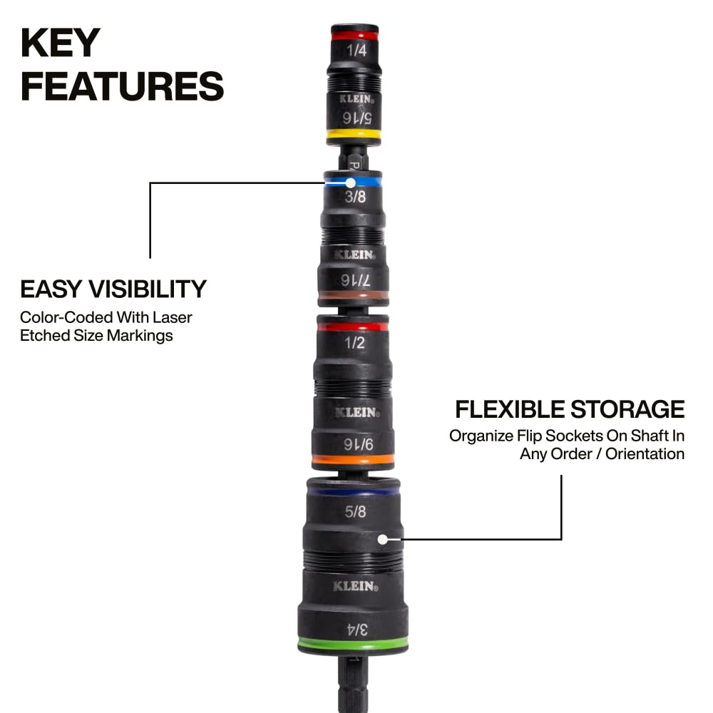 Klein Tools 32933M 6-in-1 Metric Impact Socket Set, 3 Flip Sockets with 7, 8, 10, 12, 13 and 14 mm Nut Driver Sizes, Impact Rated 5-Inch Shaft