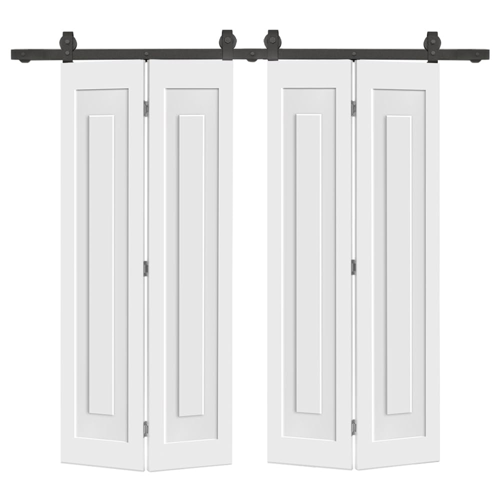Photo 1 of 60 in. x 84 in. 1 Panel Shaker Hollow Core White Composite Double Bi-Fold Door with Barn Door Hardware Kit