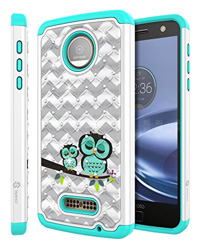 Moto Z Force Case, Moto Z Force Droid Case, Style4U [Shockproof] Cute Owl Studded Rhinestone Crystal Bling Hybrid Armor Case for Motorola Moto Z Force / Moto Z Force Droid with 1 Stylus[White / Teal]