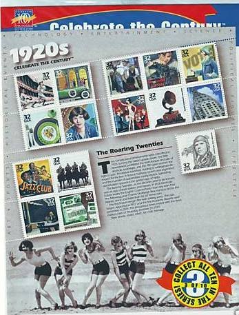 1920s: The Roaring Twenties (Celebrate the Century Series #3), Full Sheet of 15 x 32-Cent Postage Stamps, USA 1998, Scott 3184