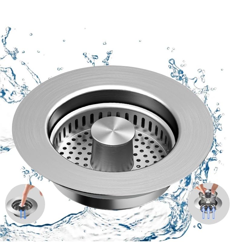 Photo 1 of 3-in-1 Kitchen Sink Strainer Stopper Combo Stainless Steel Wrap Around Sink Downspout for US Standard 3-1/2 inch Sewer Strainer, Smooth Handle for Easy Cleaning, Anti-Clogging