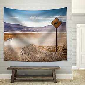 Llama Warning Sign at Bolivian Desert - Fabric Wall Tapestry Home Decor - 51x60 inches