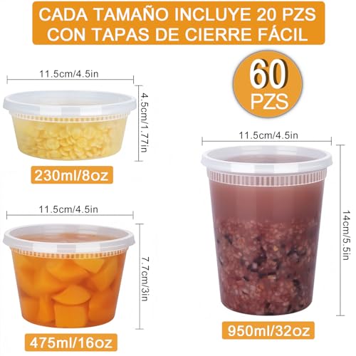 Juego de 60 Contenedores para Alimentos y Preparación de Comidas (Meal Prep) Toppers de Plástico Reutilizables 3 Tamaños (32/16/8 oz) Aptos para Microondas y Congelador Sin BPA
