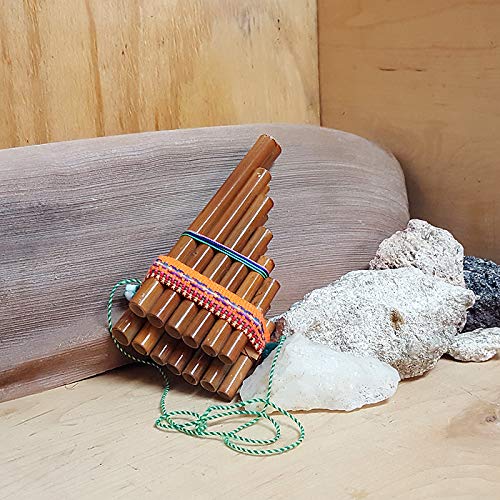 Handmade Peruvian Natural Wooden Bamboo Pan Flute Pipe with Multicolored Tribal Print Woven Cotton Strap Woodwind Musical Instrument (Small)