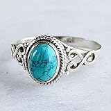 sandywident Genuine Women's 925 Sterling Silver Ring Oval Cut Natural Bohemia Turquoise Jewelry Birthday Proposal Christmas Gift Hollow Engagement Party Band Rings Size 6-10