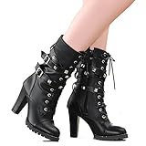 Susanny Women's Mid Calf Leather Boots High Heel Lace Up Military Buckle Motorcycle Cowboy Ankle Booties