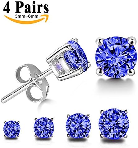 LIEBLICH Round Cut Cubic Zirconia Stud Earrings Stainless Steel Gold Plated Earrings Set 4 Pairs 3mm-6mm (Sapphire)