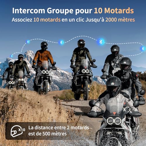 Fodsports FX8 Pro Casque Intercom Moto Bluetooth, Contrôle par Application, 7 Langues Vocales, Musique et Intercom Simultanés, Communication pour 10 Motards, Partage de Musique, Radio FM(1 Unité)