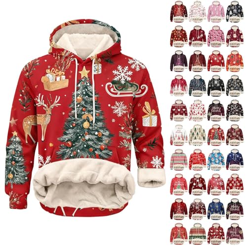 Christmas Hoodie for Men, Fleece Lined Christmas Jumpers Long Sleeve Warm Xmas Sweatshirt Thickened Winter Pullover Tops Novelty Funny Ugly Hoodies Snowflakes Reindeer Print Hoody Sweatshirts