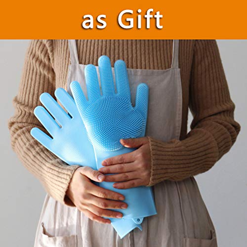 ThxToms Reusable Silicone Dishwashing Gloves, Pair of Rubber Scrubbing Gloves for Dishes, Wash Cleaning Gloves with Sponge Scrubbers for Kitchen, Bathroom and Car (Blue)