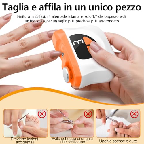 Tagliaunghie Elettrico Tagliaunghie per Piedi, 3 in 1 Tagliaunghie Automatico con LED, Tagliaunghie Elettrico Portatile per Unghie con 3 Velocità, Nessun Rumore, per Neonati, Adulti, Anziani-Orange