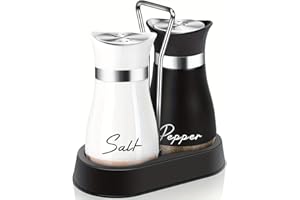 Salt and Pepper Shaker Set with Stand (1 Stand + 2 Bottles) Salt Shaker Stainless Steel Case Leather Salt Shaker Pepper Shake